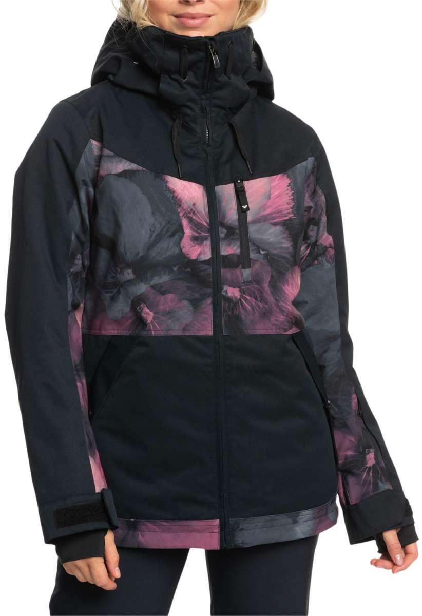 Roxy Women's Presence Insulated Parka Jacket 2024 - A black parka jacket with a large pink floral design on the front and sleeves.