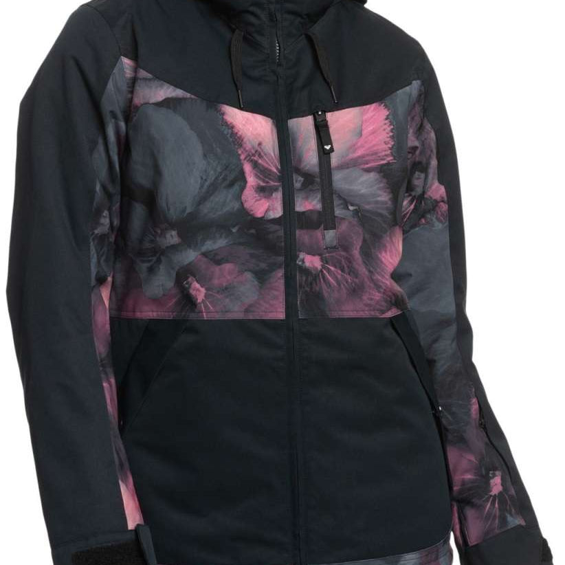 Roxy Women's Presence Insulated Parka Jacket 2024 - A black parka jacket with a large pink floral design on the front and sleeves.