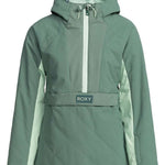 Roxy Women's Radiant Lines Pullover Jacket 2024 - A light blue jacket with a hood and zipper down the front, featuring diagonal stripes on the sleeves.