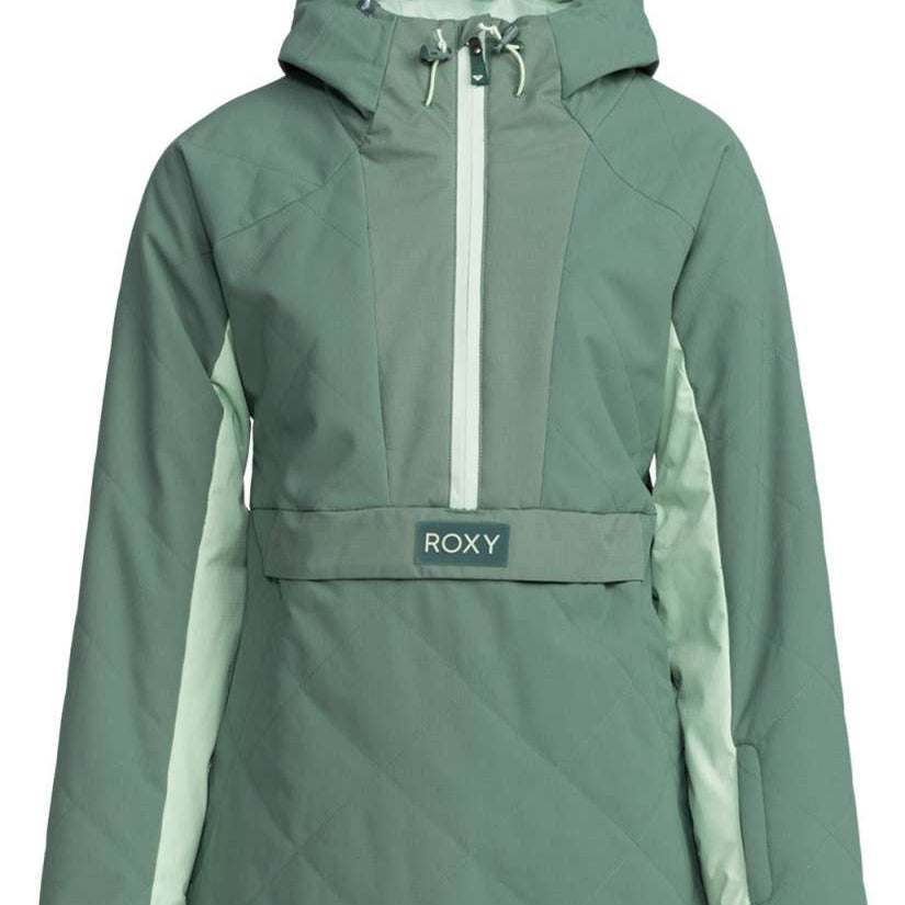 Roxy Women's Radiant Lines Pullover Jacket 2024 - A light blue jacket with a hood and zipper down the front, featuring diagonal stripes on the sleeves.