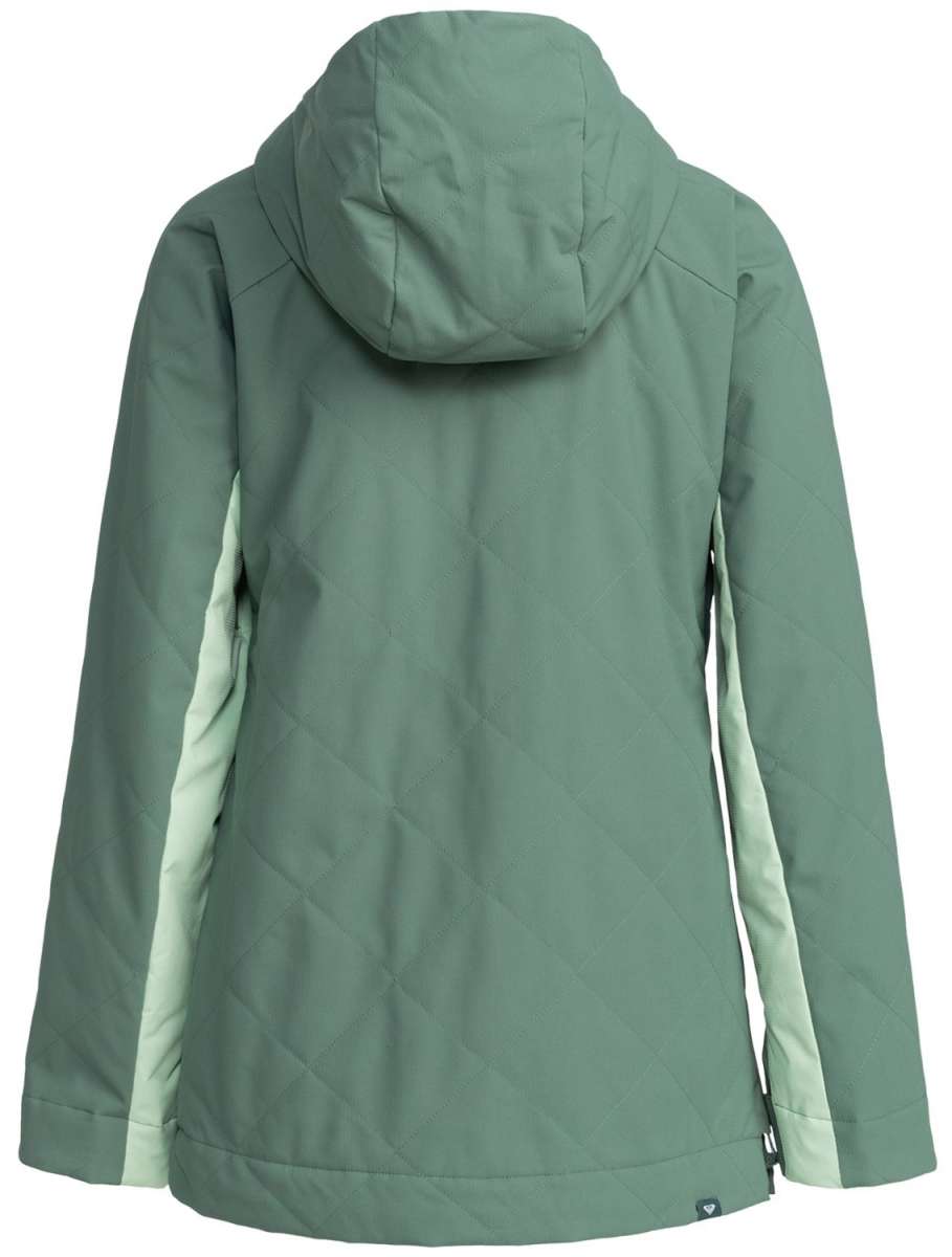 Roxy Women's Radiant Lines Pullover Jacket 2024 - A sage green jacket with a hood, featuring a diamond pattern on the back and sleeves.