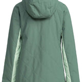 Roxy Women's Radiant Lines Pullover Jacket 2024 - A sage green jacket with a hood, featuring a diamond pattern on the back and sleeves.