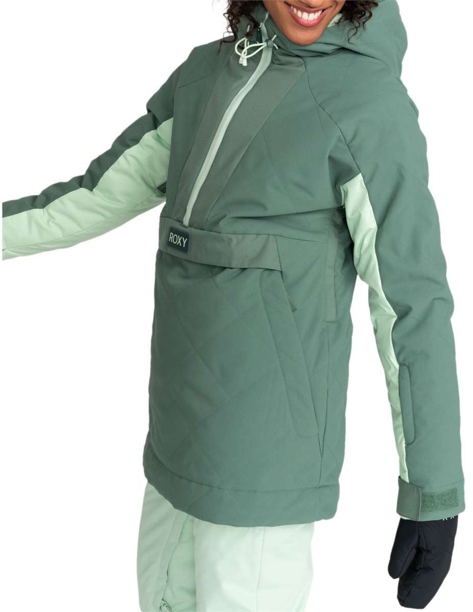 Roxy Women's Radiant Lines Pullover Jacket 2024 - A dark green jacket with a hood and white drawstring, featuring a diagonal striped pattern on the front.