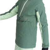 Roxy Women's Radiant Lines Pullover Jacket 2024 - A dark green jacket with a hood and white drawstring, featuring a diagonal striped pattern on the front.