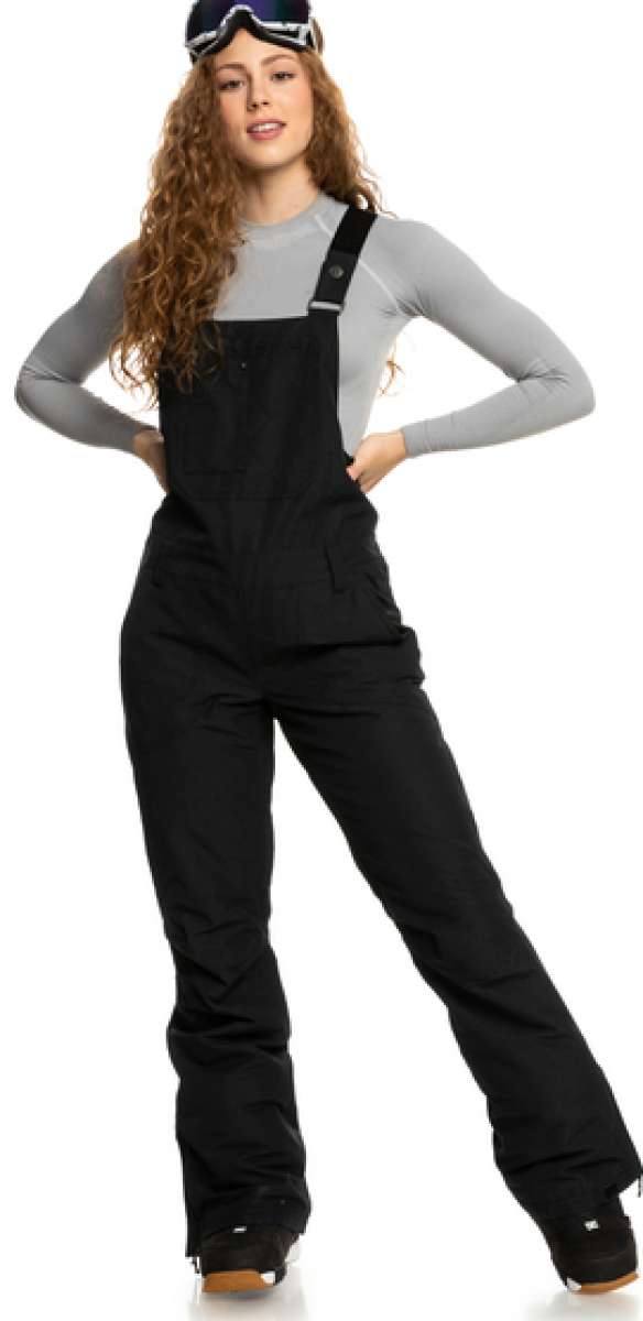 Roxy Women's Rideout Insulated Bib Pant 2023 - Black bib pant with white stitching and silver hardware, featuring a snowflake pattern on the left leg.