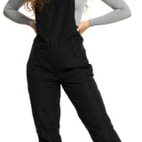 Roxy Women's Rideout Insulated Bib Pant 2023 - Black bib pant with white stitching and silver hardware, featuring a snowflake pattern on the left leg.
