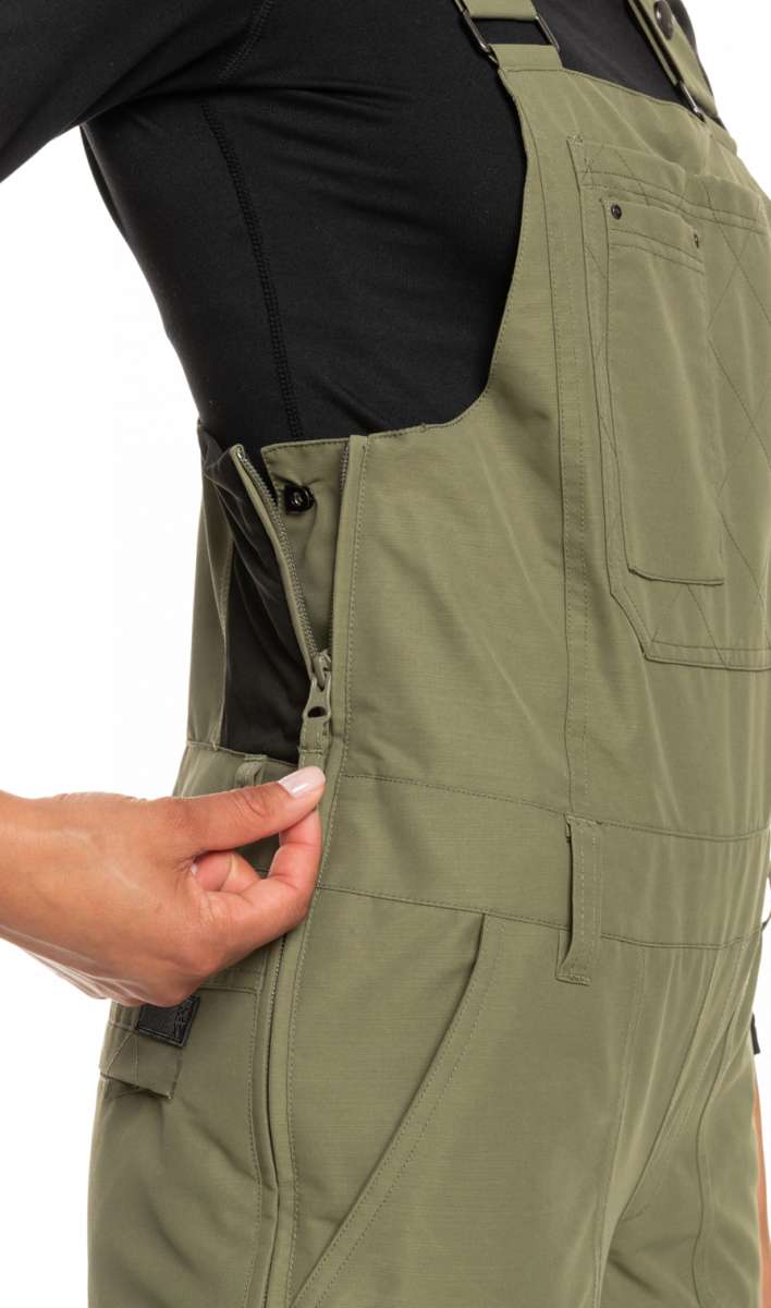 Roxy Women's Rideout Insulated Bib Pant 2023 - Olive green bib pants with a zippered fly and adjustable waistband.