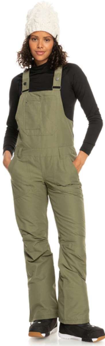Roxy Women's Rideout Insulated Bib Pant - Olive green bib pants with a subtle floral pattern on the side of the leg.