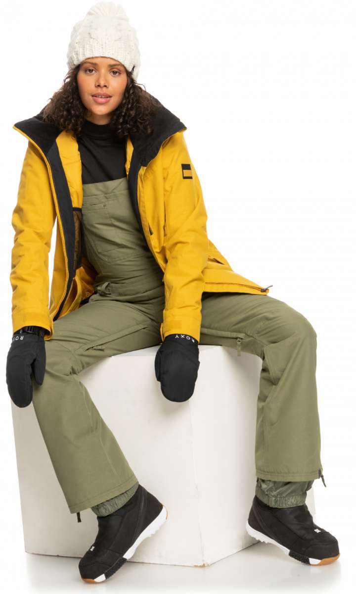 Roxy Women's Rideout Insulated Bib Pant 2023 - A pair of olive green snow pants with adjustable straps and a zippered pocket on the side.