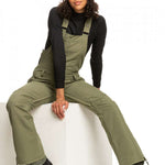 Roxy Women's Rideout Insulated Bib Pant 2023 - Olive green bib pants with adjustable straps and zippered pockets.