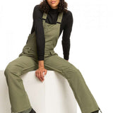Roxy Women's Rideout Insulated Bib Pant 2023 - Olive green bib pants with adjustable straps and zippered pockets.