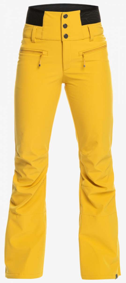 Roxy Women's Rising High Pant 2023 - Yellow snow pants with zippered pockets and a black waistband.