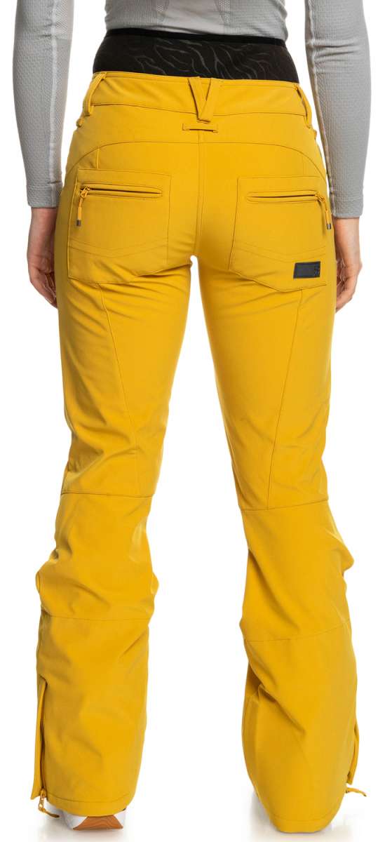 Roxy Women's Rising High Pant 2023 - Solid black pants with a zippered pocket on the right thigh and adjustable waistband.