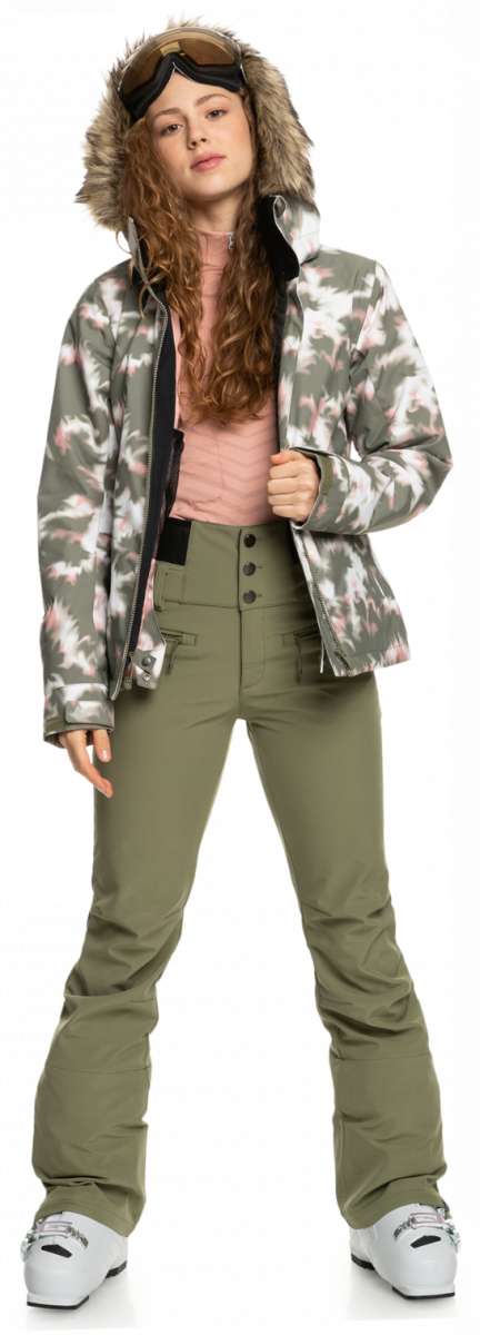 Roxy Women's Rising High Pant 2023 - A pair of olive green snow pants with a subtle white pattern and black accents on the side pockets.