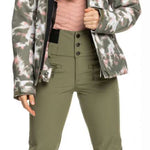 Roxy Women's Rising High Pant 2023 - A pair of olive green snow pants with a subtle white pattern and black accents on the side pockets.