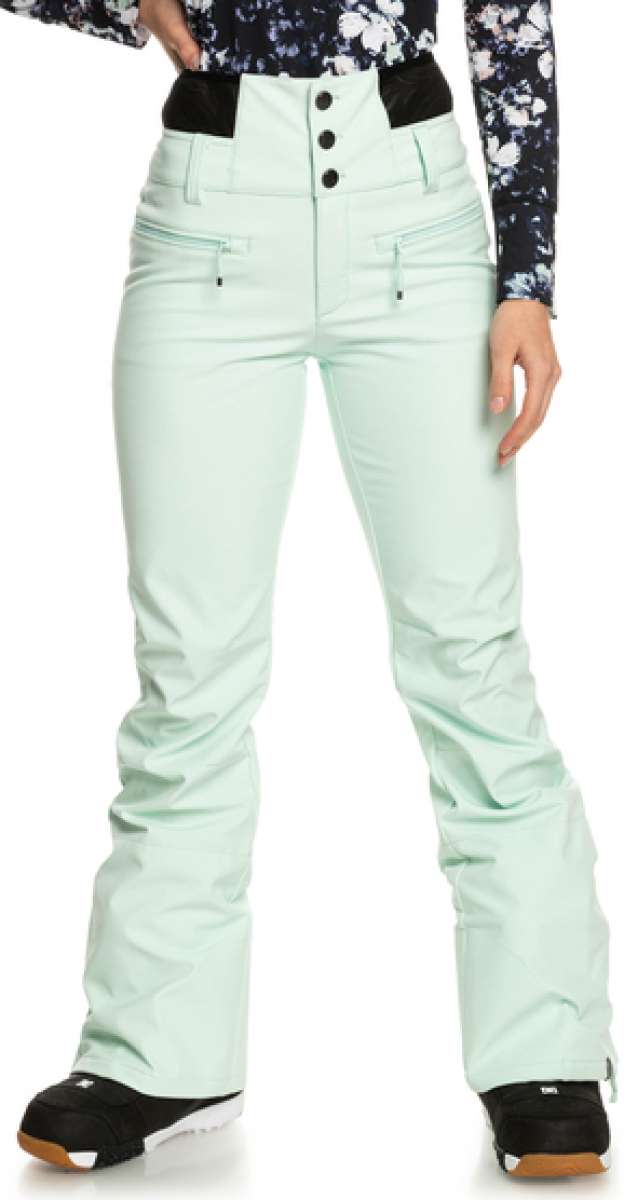 Roxy Women's Rising High Pant 2023 - Light blue snow pants with black accents on pockets and waistband, featuring a subtle floral pattern on the upper back.