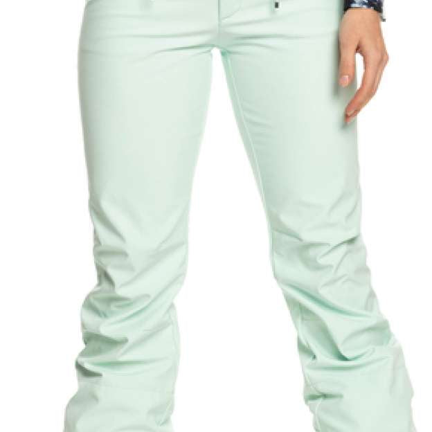 Roxy Women's Rising High Pant 2023 - Light blue snow pants with black accents on pockets and waistband, featuring a subtle floral pattern on the upper back.