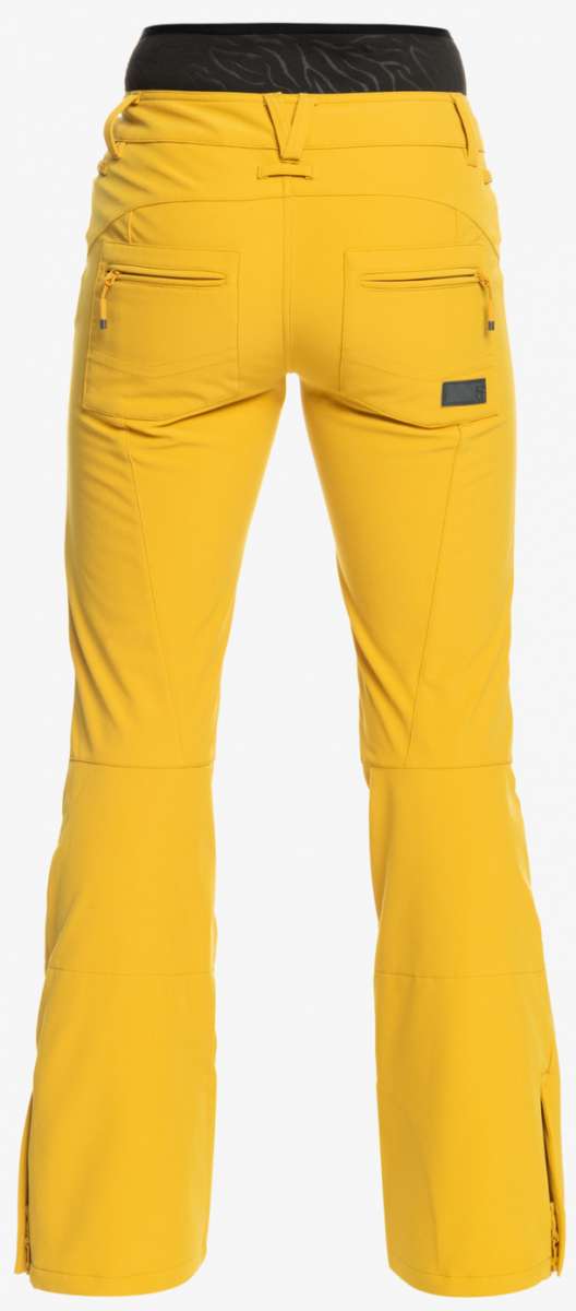 Roxy Women's Rising High Pant 2023 - A pair of yellow ski pants with a black waistband and zippered pockets.