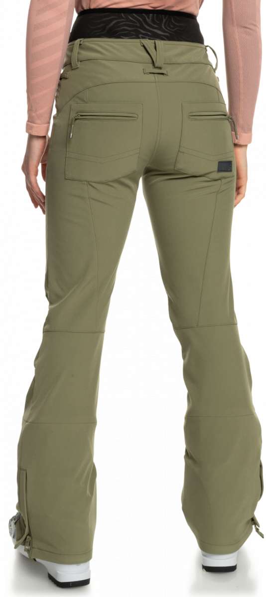 Roxy Women's Rising High Pant 2023 - A pair of khaki green snow pants with zippered pockets and a black logo on the left leg.