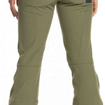Roxy Women's Rising High Pant 2023 - A pair of khaki green snow pants with zippered pockets and a black logo on the left leg.