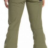 Roxy Women's Rising High Pant 2023 - A pair of khaki green snow pants with zippered pockets and a black logo on the left leg.