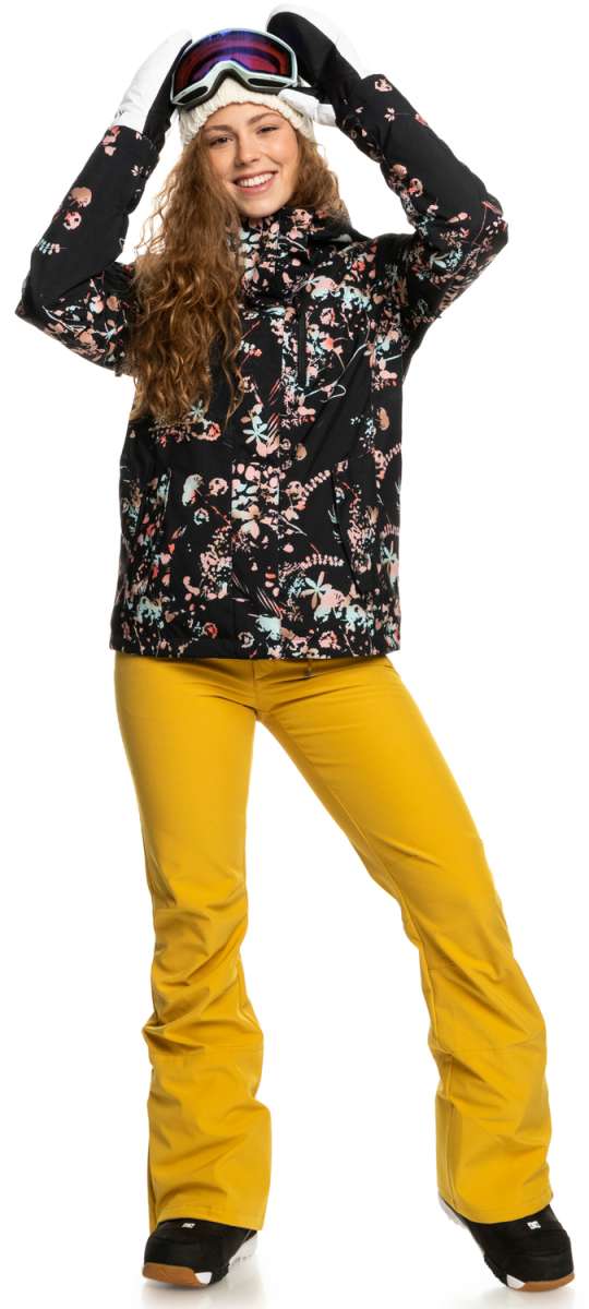 Roxy Women's Rising High Pant 2023 - Black snow pants with a subtle white floral pattern and black drawstring waistband.