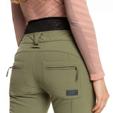 Roxy Women's Rising High Pant 2023 - A pair of olive green pants with a zippered pocket on the back right side.