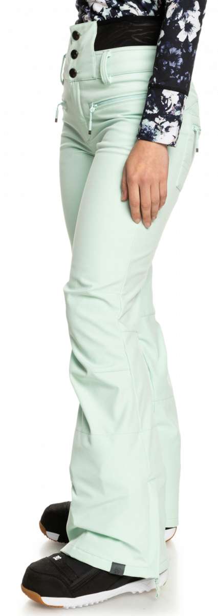 Roxy Women's Rising High Pant 2023 - Light blue snow pants with a subtle floral pattern on the cuffs and belt loops.