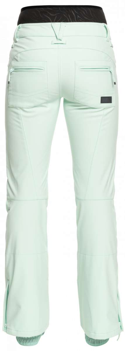 Roxy Women's Rising High Pant 2023 - Light-colored snow pants with a black waistband and two zippered pockets on the back.