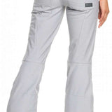 Roxy Women's Rising High Pant 2023 - Light gray snow pants with zippered pockets and a black logo on the left thigh.