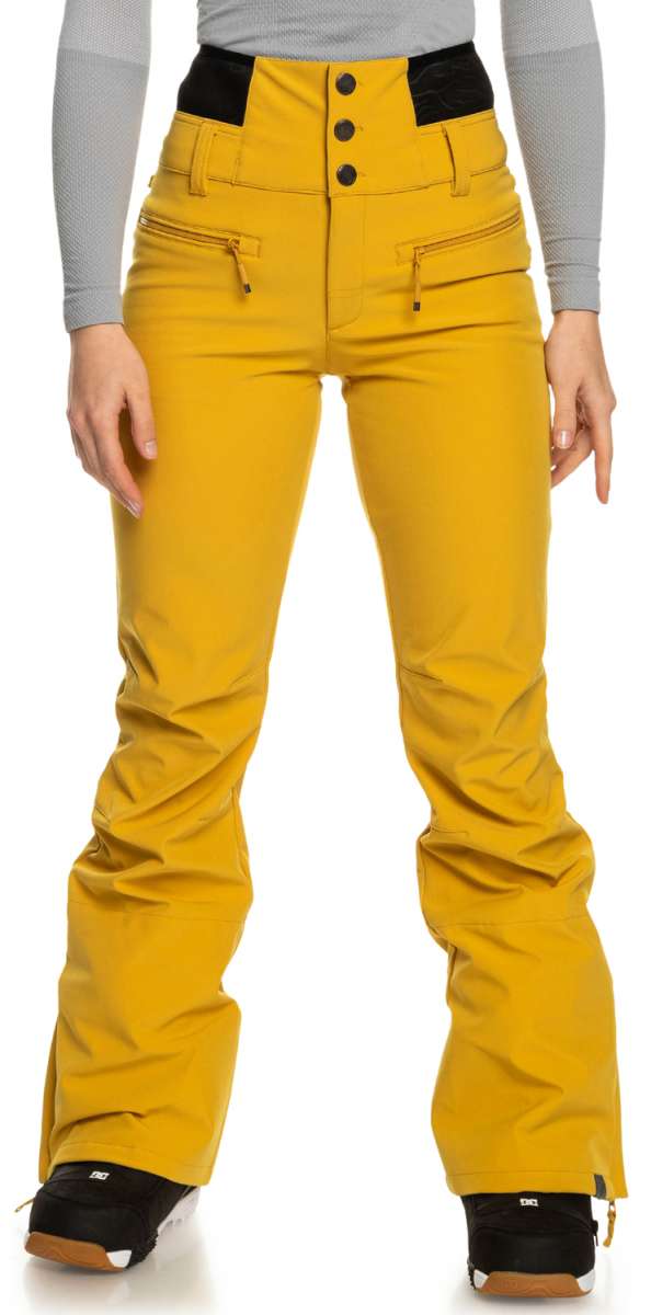 Roxy Women's Rising High Pant 2023 - Yellow snow pants with black accents on pockets and waistband, featuring a zippered fly and two front zippered pockets.