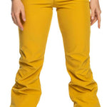Roxy Women's Rising High Pant 2023 - Yellow snow pants with black accents on pockets and waistband, featuring a zippered fly and two front zippered pockets.