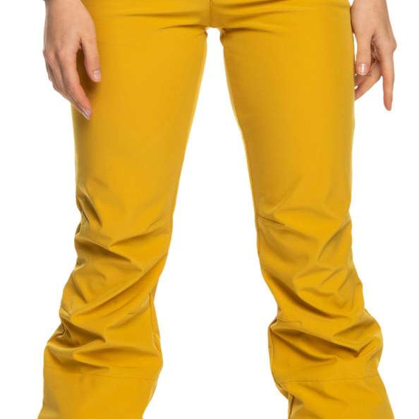 Roxy Women's Rising High Pant 2023 - Yellow snow pants with black accents on pockets and waistband, featuring a zippered fly and two front zippered pockets.