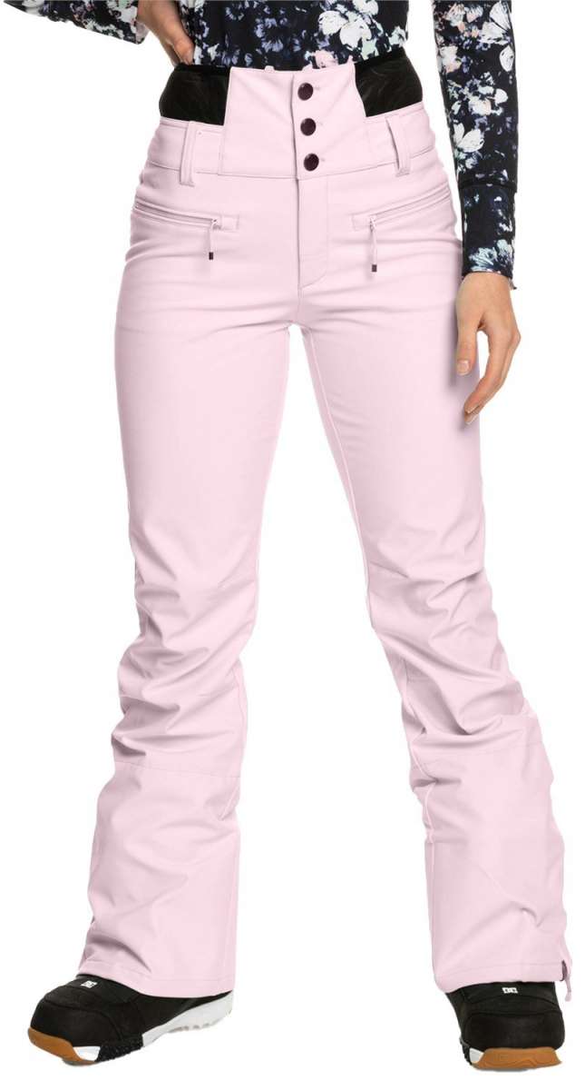 Roxy Women's Rising High Pant 2023 - A pair of light pink snow pants with a subtle floral pattern on the upper thigh area.