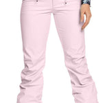 Roxy Women's Rising High Pant 2023 - A pair of light pink snow pants with a subtle floral pattern on the upper thigh area.