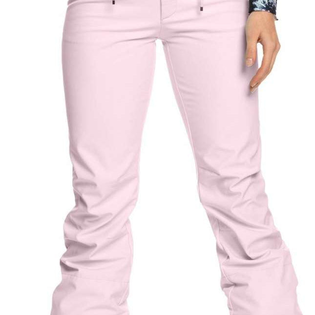 Roxy Women's Rising High Pant 2023 - A pair of light pink snow pants with a subtle floral pattern on the upper thigh area.