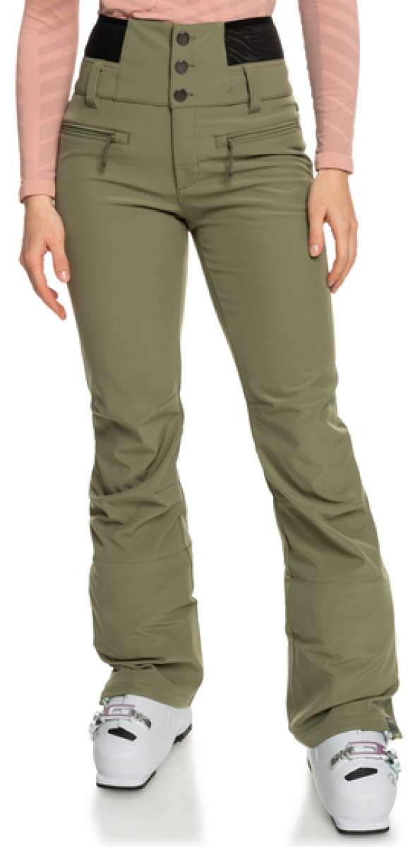 Roxy Women's Rising High Pant 2023 - Olive green snow pants with black accents on pockets and waistband.