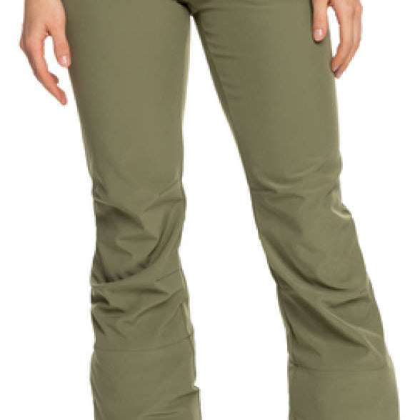 Roxy Women's Rising High Pant 2023 - Olive green snow pants with black accents on pockets and waistband.
