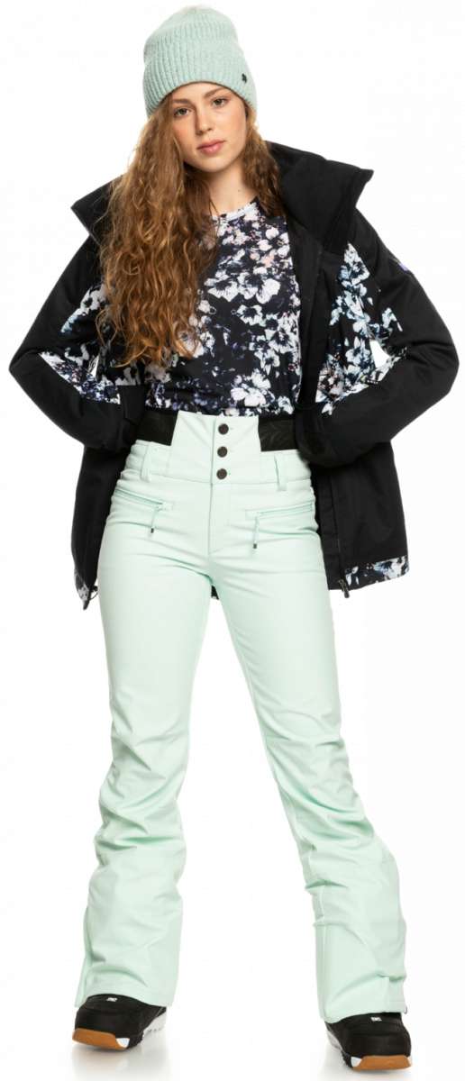 Roxy Women's Rising High Pant 2023 - Black snow pants with white and light blue floral pattern on upper thigh area.