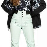 Roxy Women's Rising High Pant 2023 - Black snow pants with white and light blue floral pattern on upper thigh area.