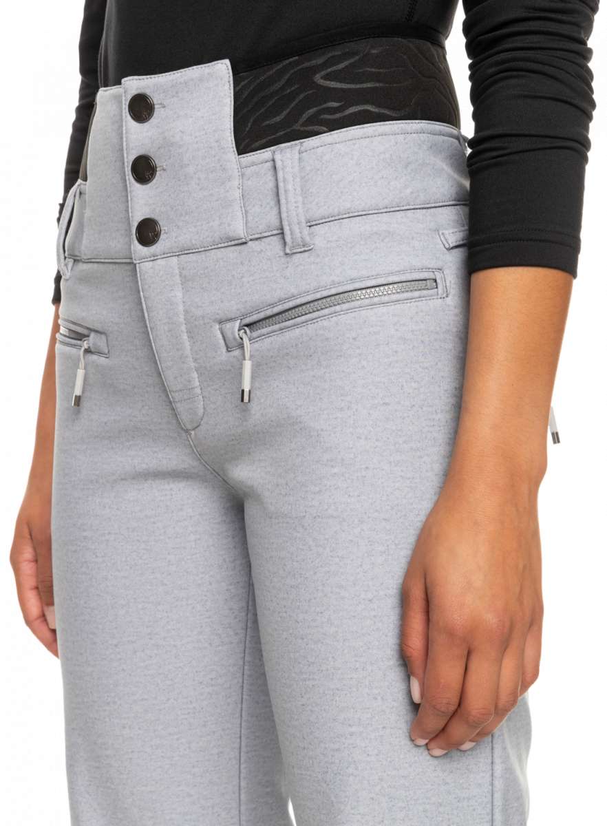 Roxy Women's Rising High Pant 2023 - Light gray pants with a subtle pattern of darker gray lines and small, dark gray dots on the fabric.