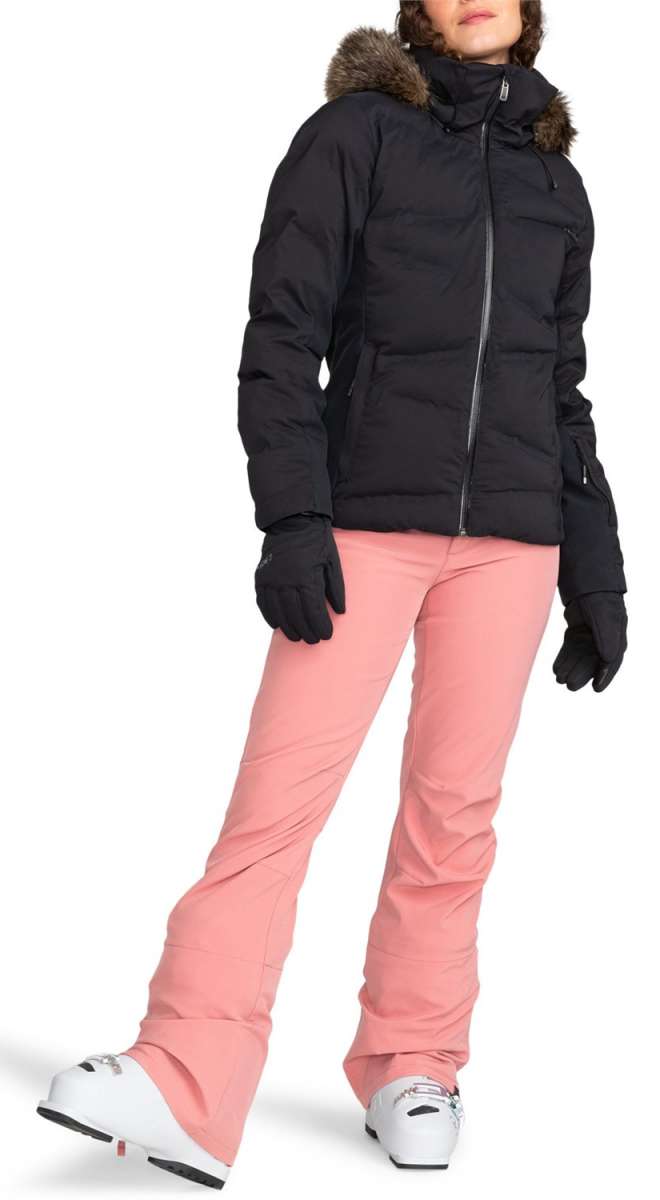 Roxy Women's Rising High Pant 2024 - Black snow pants with a subtle white stripe down the side of each leg.