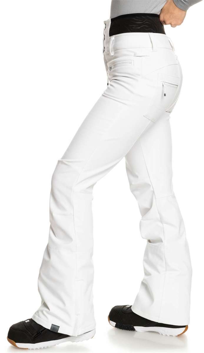 Roxy Women's Rising High Pant 2024 - White snow pants with a black waistband and zippered pockets.