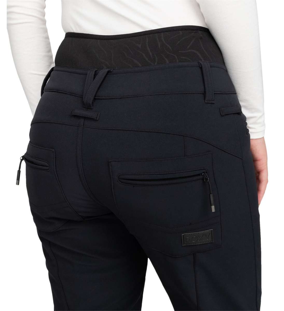 Roxy Women's Rising High Pant 2024 - Black pants with a subtle leaf pattern on the waistband.