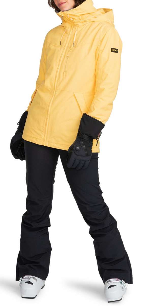 Roxy Women's Rising High Pant 2024 - Black snow pants with a subtle white stripe down the side of each leg.