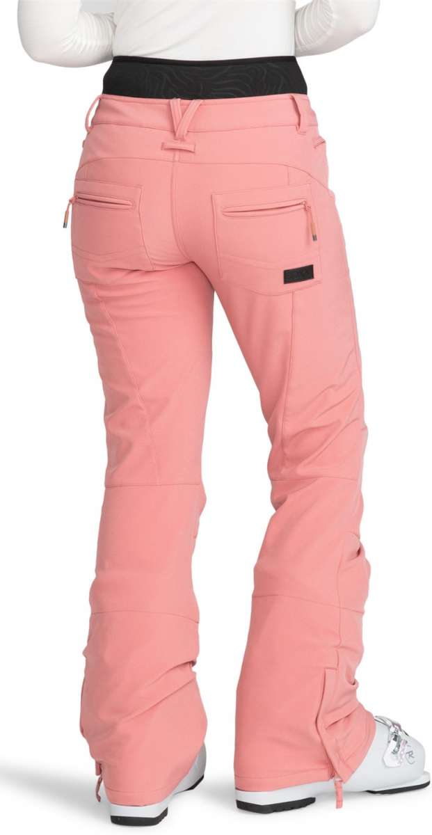 Roxy Women's Rising High Pant 2024 - A pair of pink snow pants with a black waistband and zippered pockets.