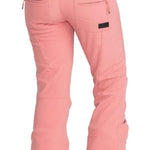 Roxy Women's Rising High Pant 2024 - A pair of pink snow pants with a black waistband and zippered pockets.