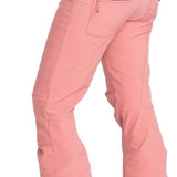 Roxy Women's Rising High Pant 2024 - A pair of pink snow pants with a black waistband and zippered pockets.
