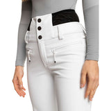 Roxy Women's Rising High Pant 2024 - A pair of white pants with a black waistband and three black buttons on the left side.