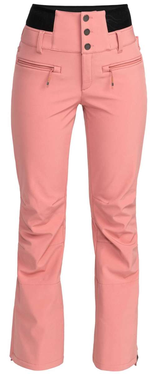 Roxy Women's Rising High Pant 2024 - A pair of pink snow pants with a black waistband and three black buttons at the back.